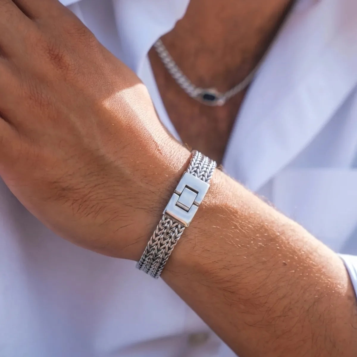 Men’s Stainless Steel Foxtail Bracelet Silver Worn by Male Model
