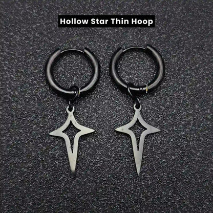 Men‘’s Star Dangle Earrings Black Hollow Star Thin Hoop