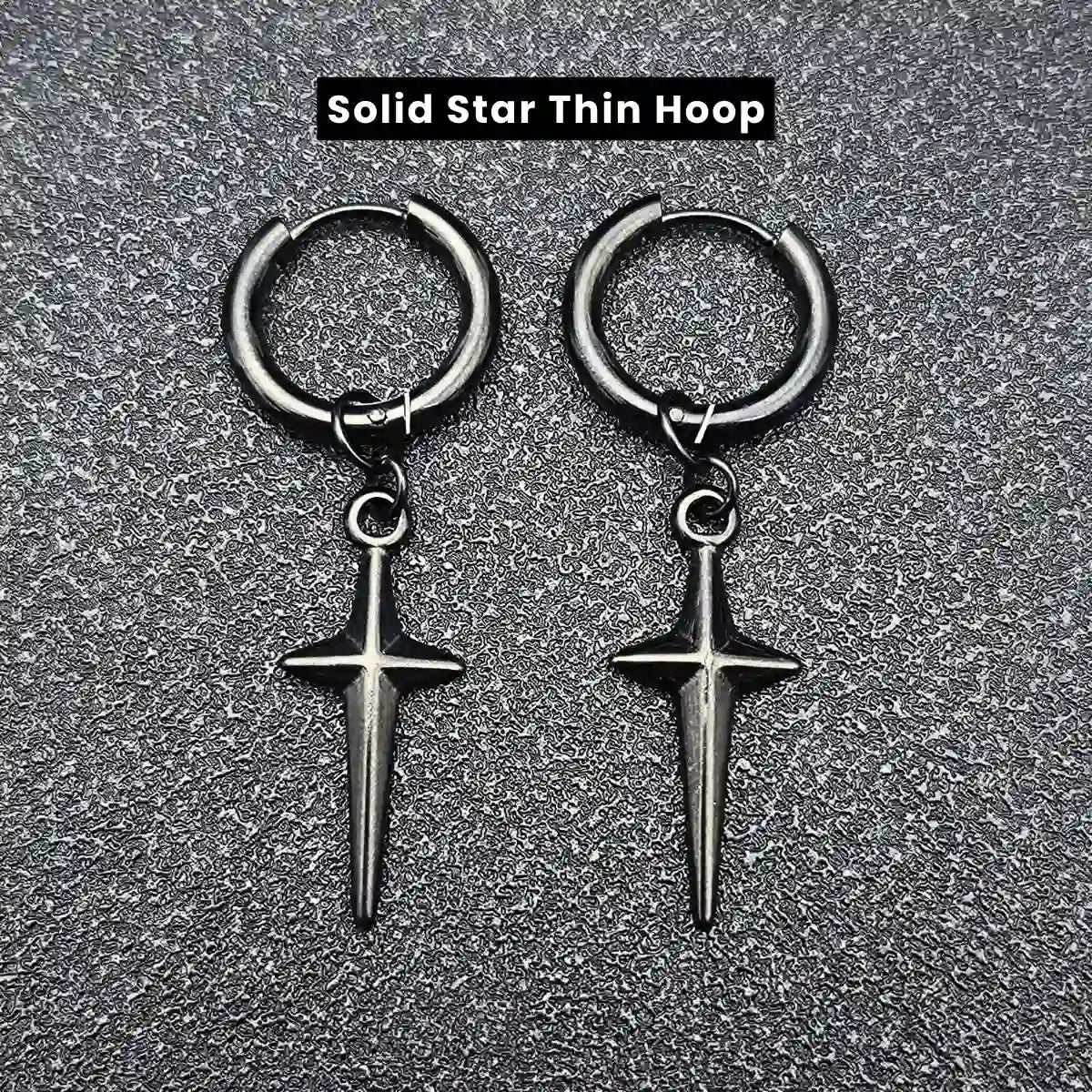 Men‘’s Star Dangle Earrings Black Solid Star Thin Hoop