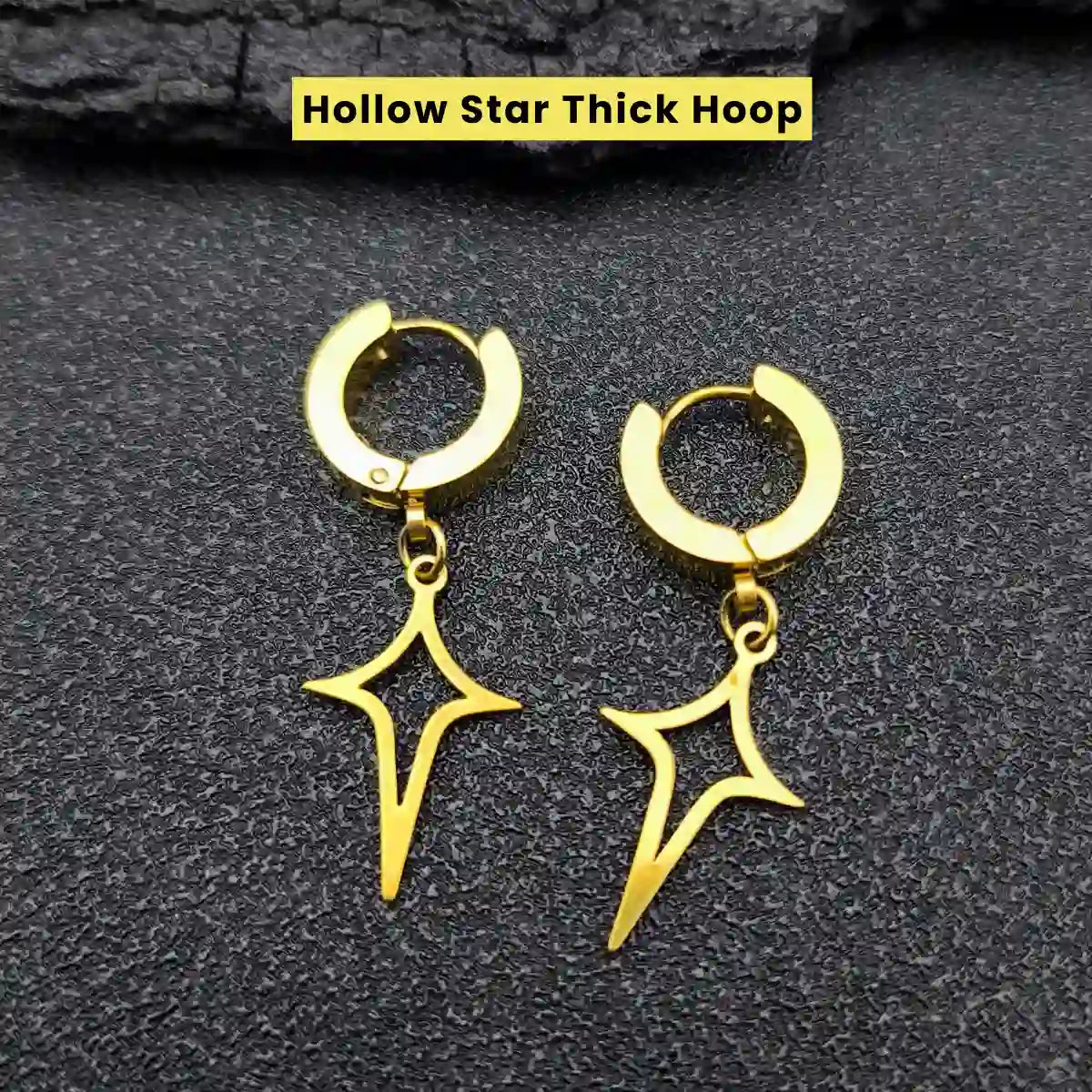 Men‘’s Star Dangle Earrings Gold Hollow Star Thick Hoop
