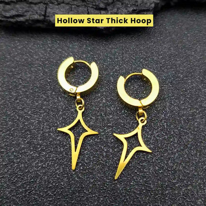 Men‘’s Star Dangle Earrings Gold Hollow Star Thick Hoop