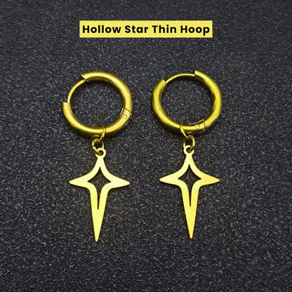 Men‘’s Star Dangle Earrings Gold Hollow Star Thin Hoop
