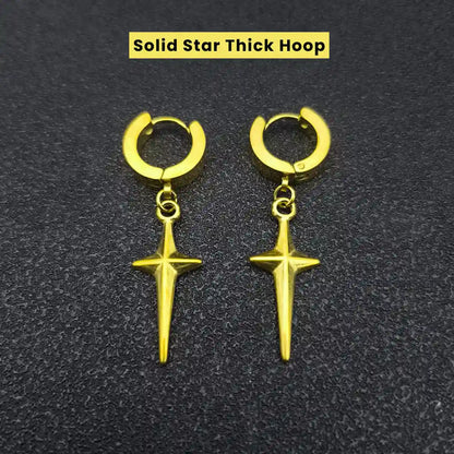 Men‘’s Star Dangle Earrings Gold Solid Star Thick Hoop