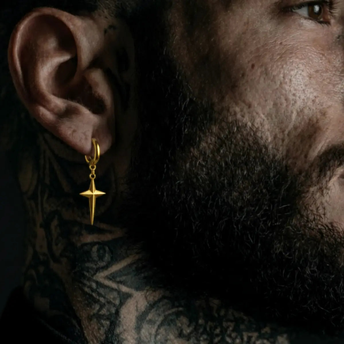 Men‘’s Star Dangle Earrings Gold Solid Star Thin Hoop Worn by Male Model