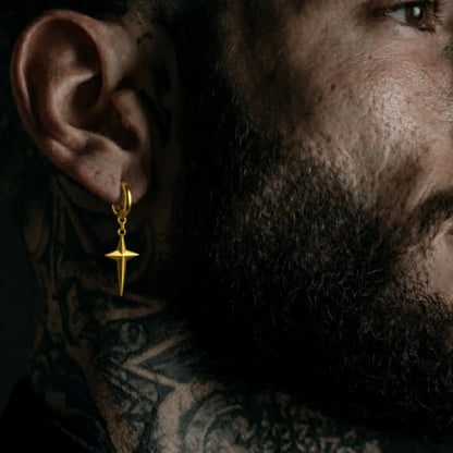 Men‘’s Star Dangle Earrings Gold Solid Star Thin Hoop Worn by Male Model