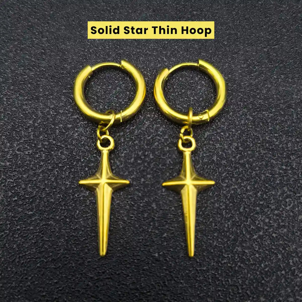 Men‘’s Star Dangle Earrings Gold Solid Star Thin Hoop
