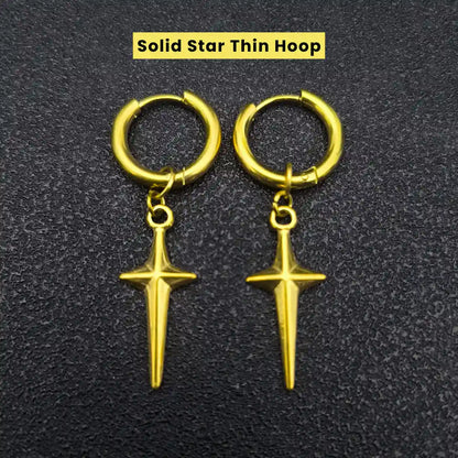Men‘’s Star Dangle Earrings Gold Solid Star Thin Hoop