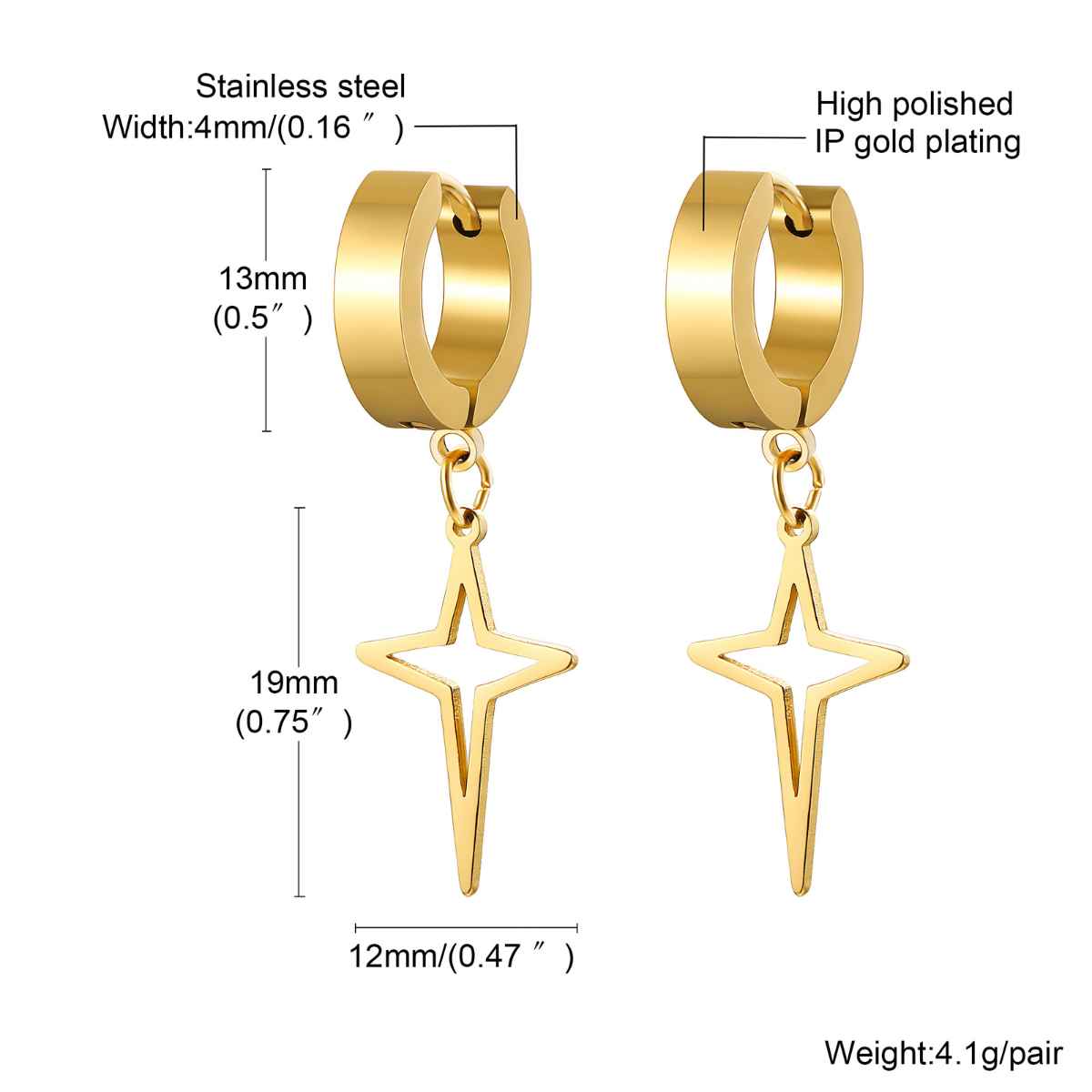 Mens Star Dangle Earrings Gold Xenos Jewelry
