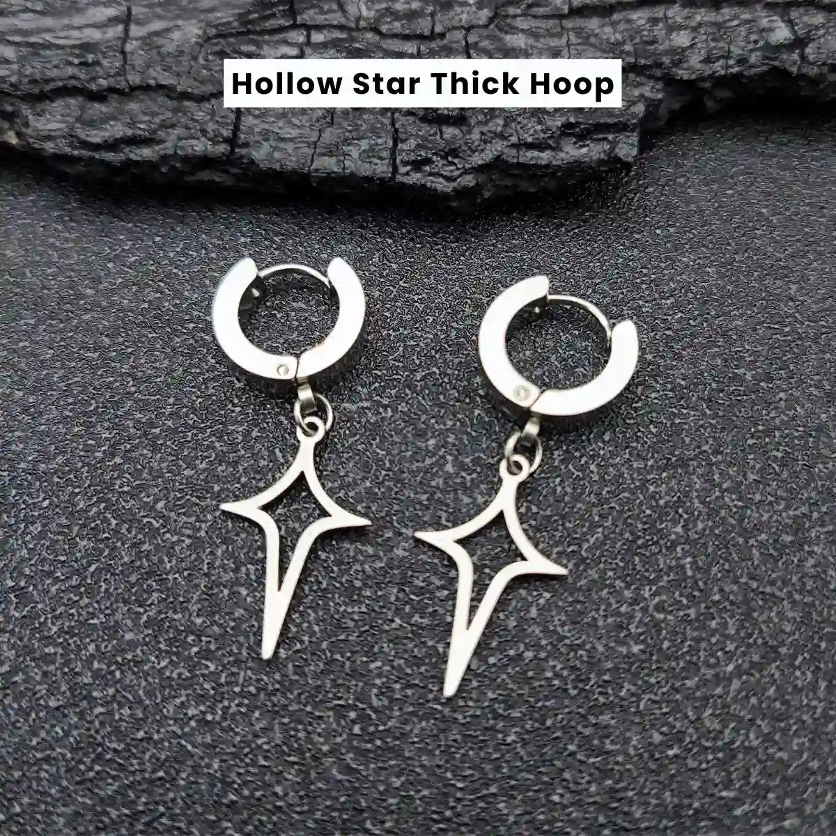 Men‘’s Star Dangle Earrings Silver Hollow Star Thick Hoop