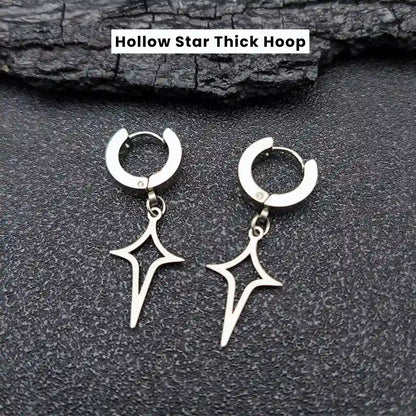 Men‘’s Star Dangle Earrings Silver Hollow Star Thick Hoop