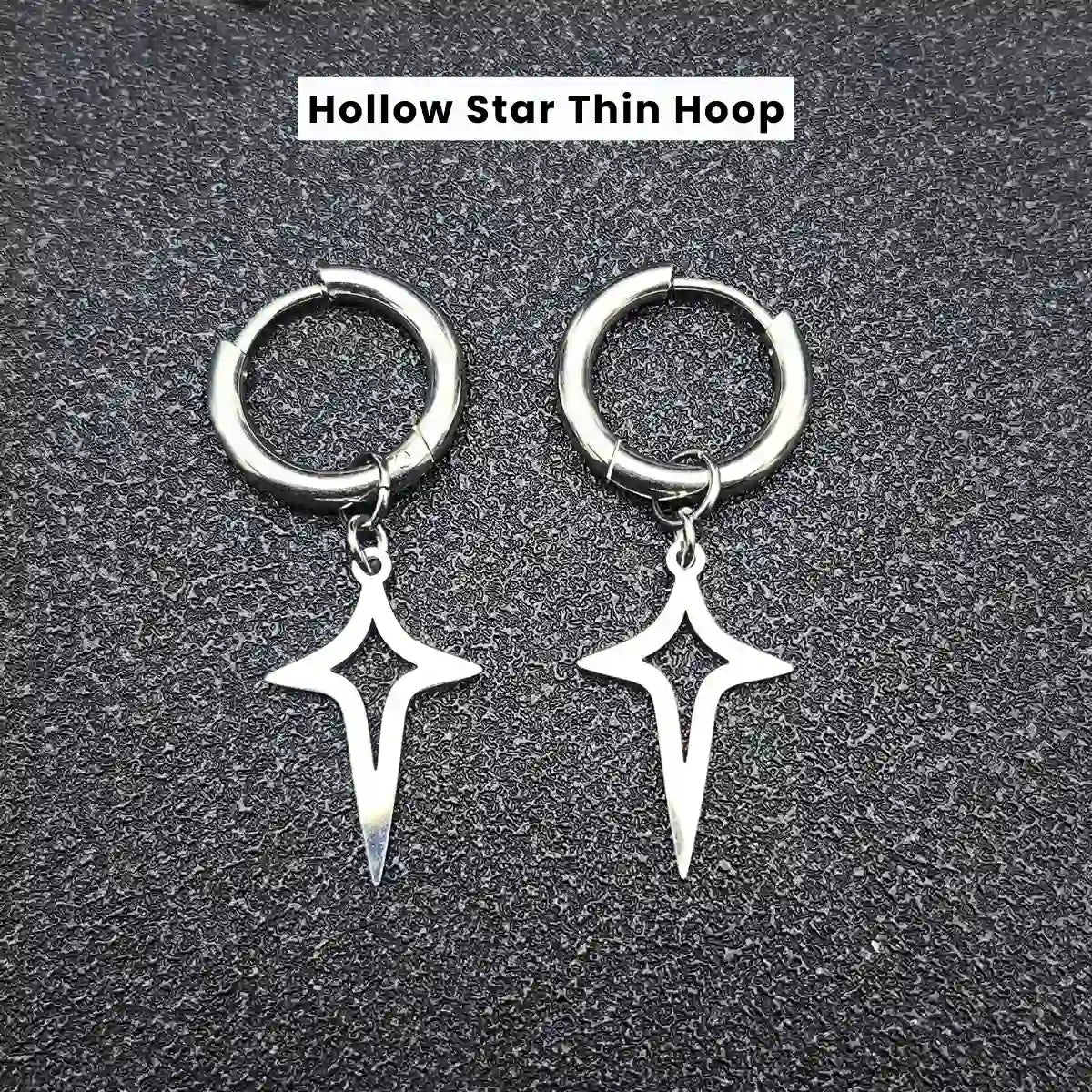 Men‘’s Star Dangle Earrings Silver Hollow Star Thin Hoop