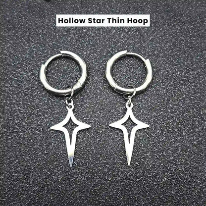 Men‘’s Star Dangle Earrings Silver Hollow Star Thin Hoop