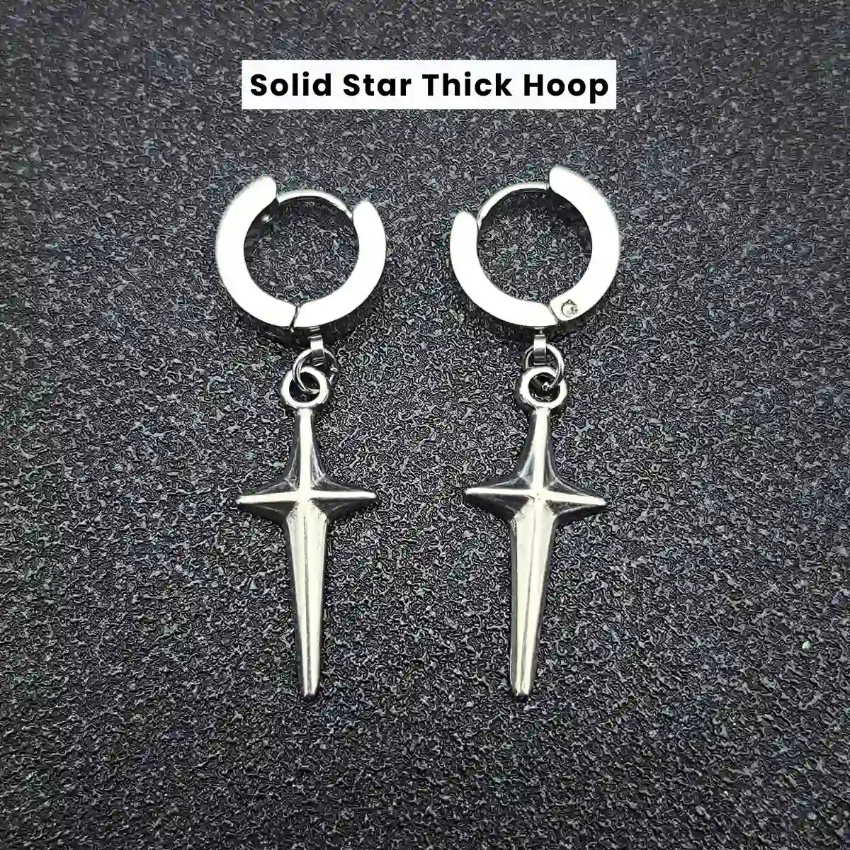 Men‘’s Star Dangle Earrings Silver Solid Star Thick Hoop