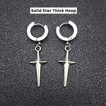 Men‘’s Star Dangle Earrings Silver Solid Star Thick Hoop