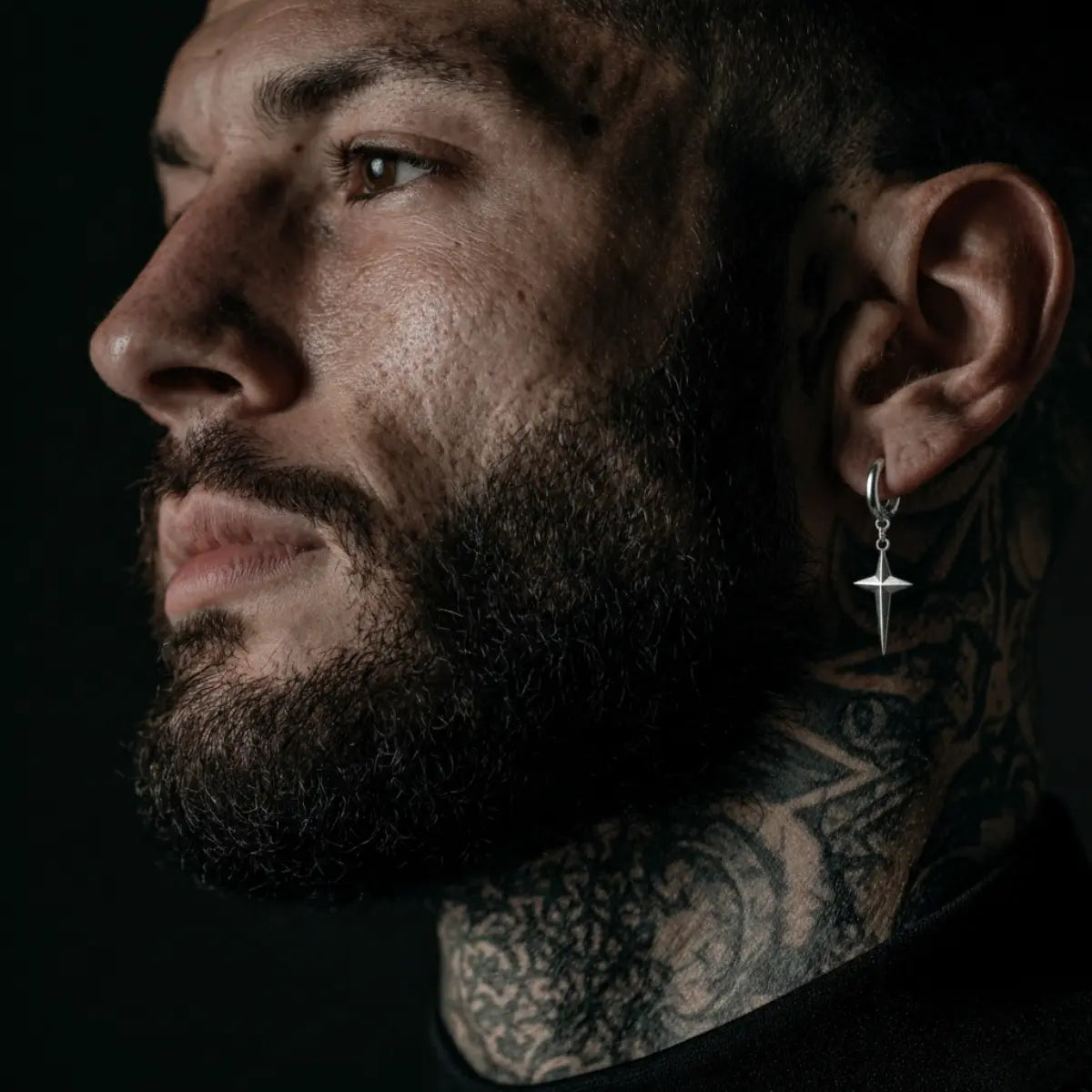 Men‘’s Star Dangle Earrings Silver Solid Star Thin Hoop Worn by Male Model