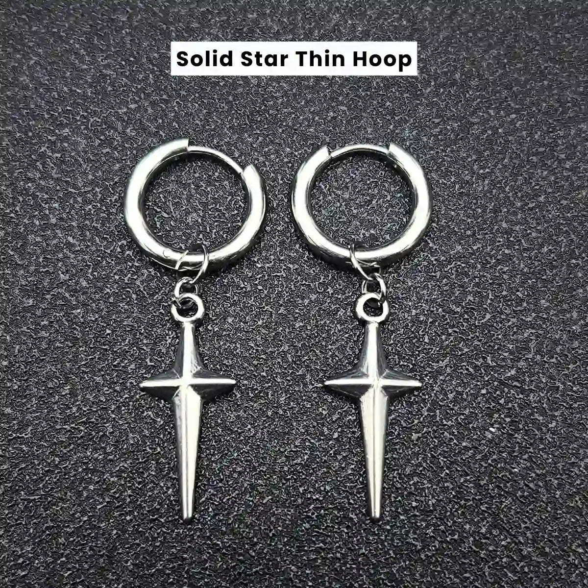 Men‘’s Star Dangle Earrings Silver Solid Star Thin Hoop