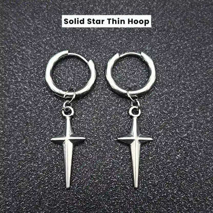 Men‘’s Star Dangle Earrings Silver Solid Star Thin Hoop