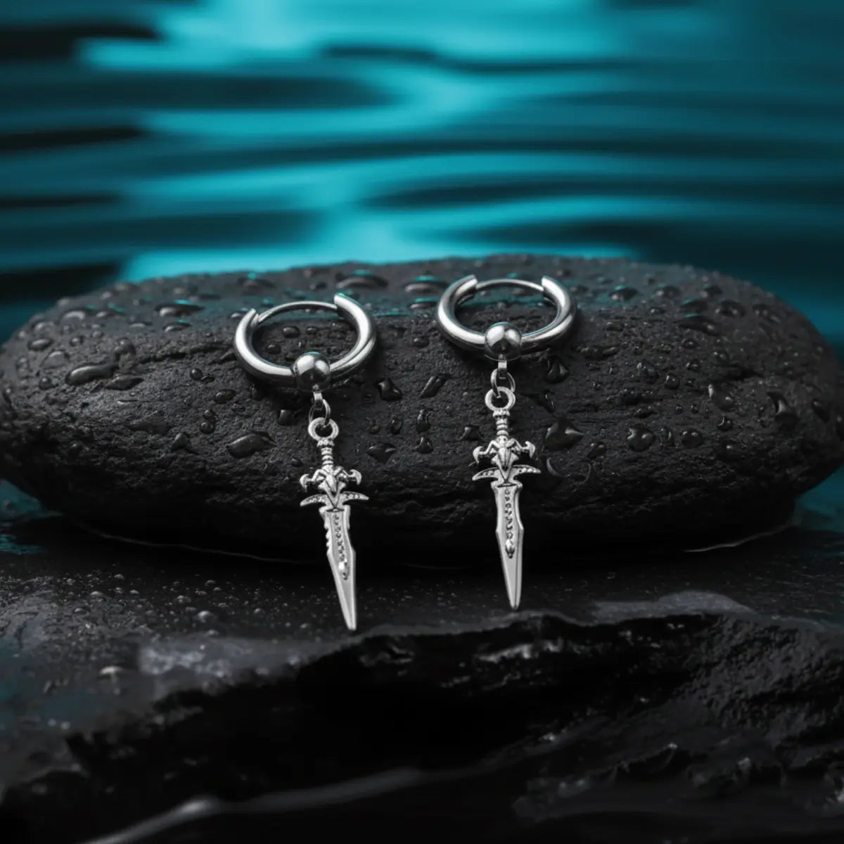 Men's Sword Earrings Close Up