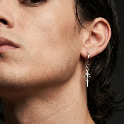 Men‘s Sword Earrings Silver Worn by Male Model