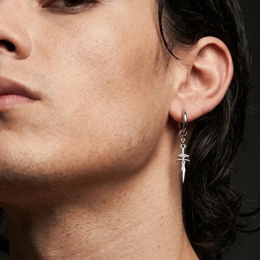 Men‘s Sword Earrings Silver Worn by Male Model