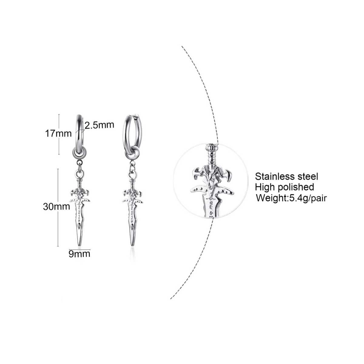 Men's sword earrings, stainless steel, 17mm hoop, 30mm sword - Xenos Jewelry