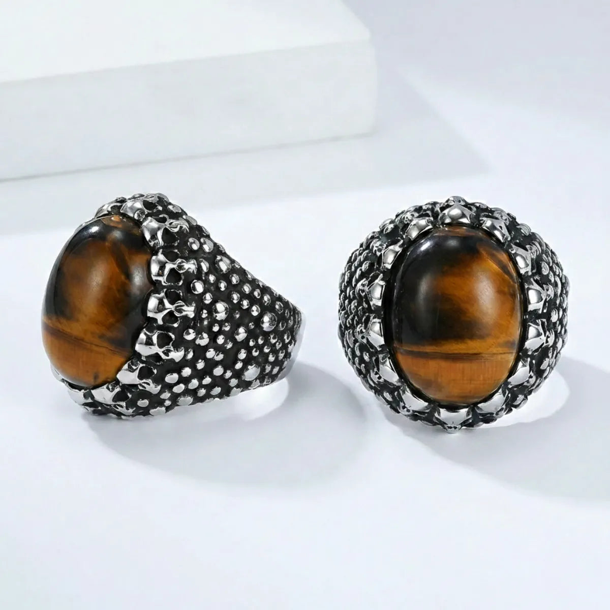 Men’s Tiger Eye Skull Signet Ring Multi Angle Details