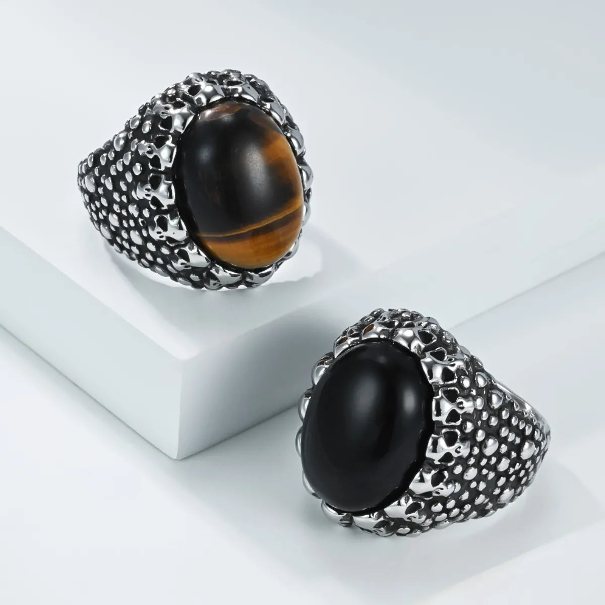 Men’s Tiger Eye Skull Signet Ring and Black Onyx Skull Signet Ring Details