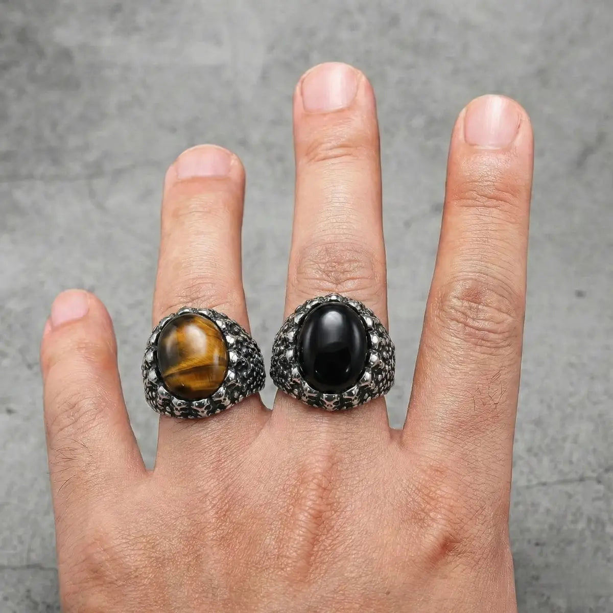 Men‘s Tiger Eye Skull Signet Ring and Black Onyx Skull Signet Ring Worn by Male Model