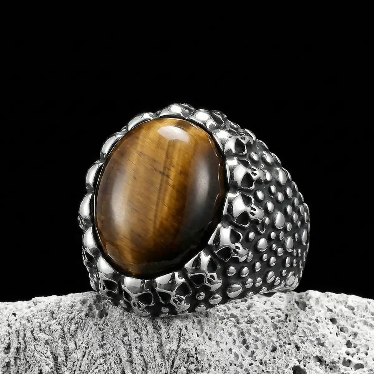 Men’s Tiger Eye Skull Signet Ring