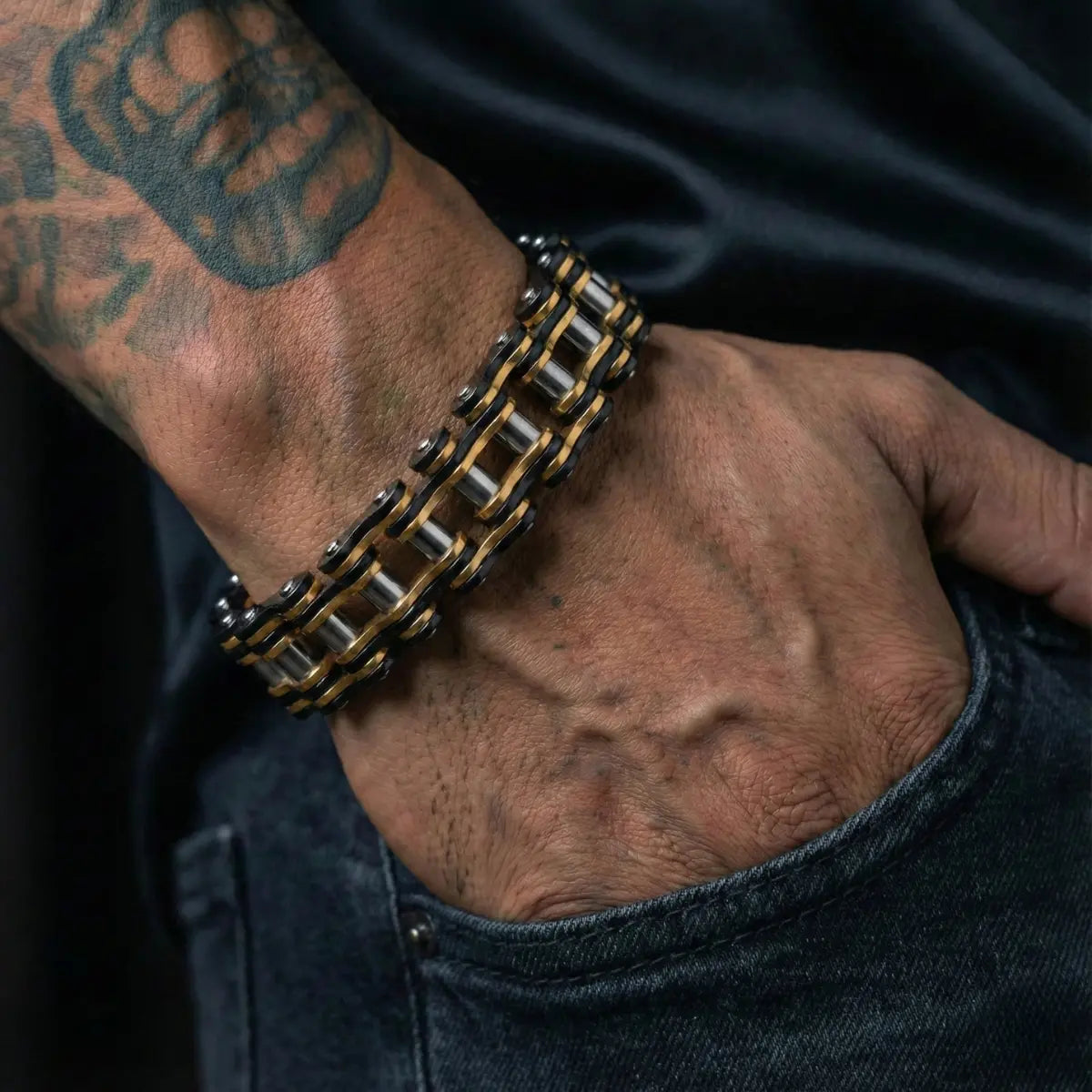 Men’s Tri Tone Bike Chain Bracelet Worn by Male Model