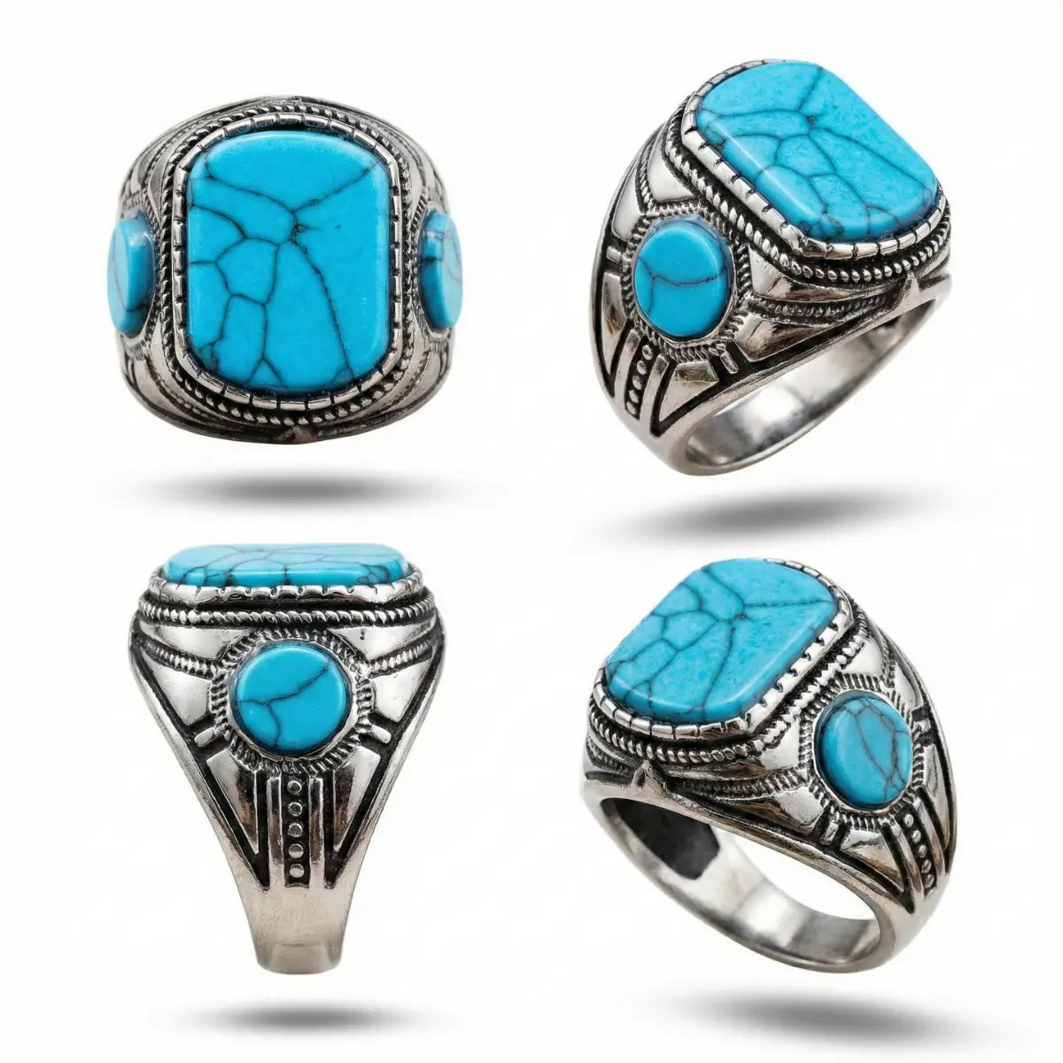 Men’s Triple Stone Turquoise Signet Ring Multi Angle Details