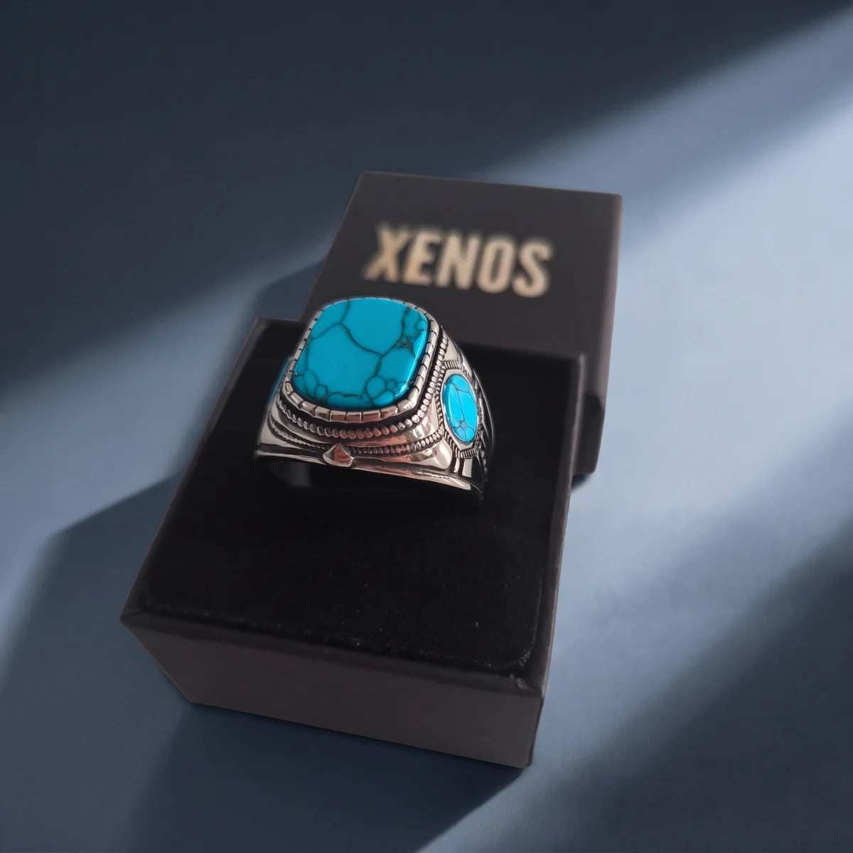 Mens Triple Stone Turquoise Signet Ring Silver Presented in Xenos Jewelry Packaging Box