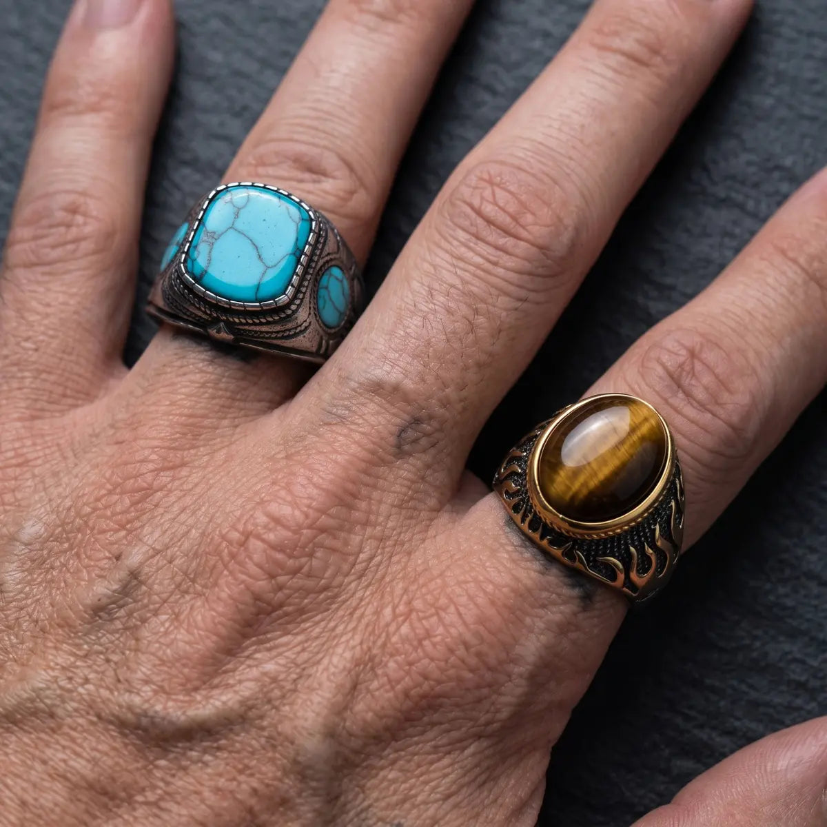 Mens Triple Stone Turquoise Signet Ring Silver and Tiger Eye Ring Worn on Hand