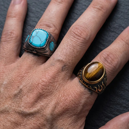 Mens Triple Stone Turquoise Signet Ring Silver and Tiger Eye Ring Worn on Hand