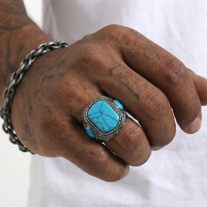 Men's Triple Stone Turquoise Signet Ring Worn by Male Model Close Up