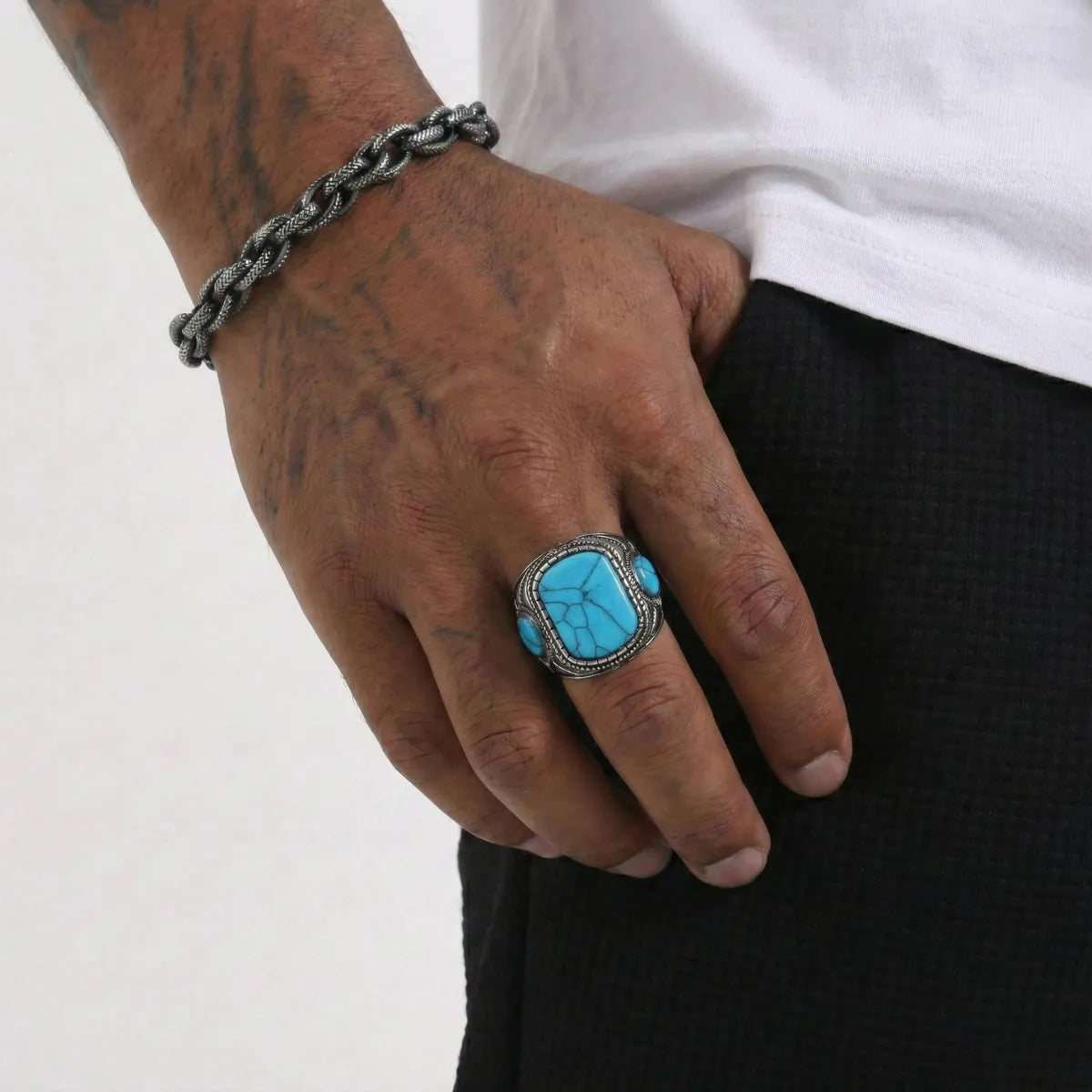 Men’s Triple Stone Turquoise Signet Ring Worn by Male Model