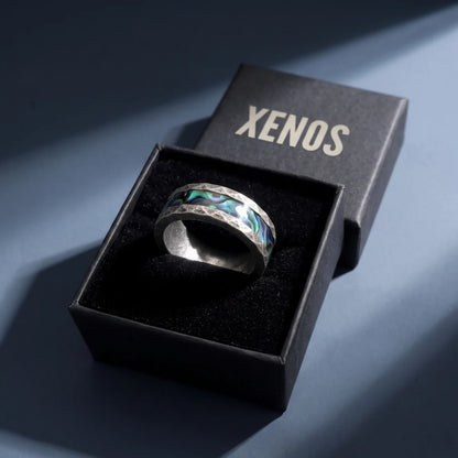 Men‘s Vintage Textured Silver Abalone Ring Presented in Xenos Jewelry Packaging Box
