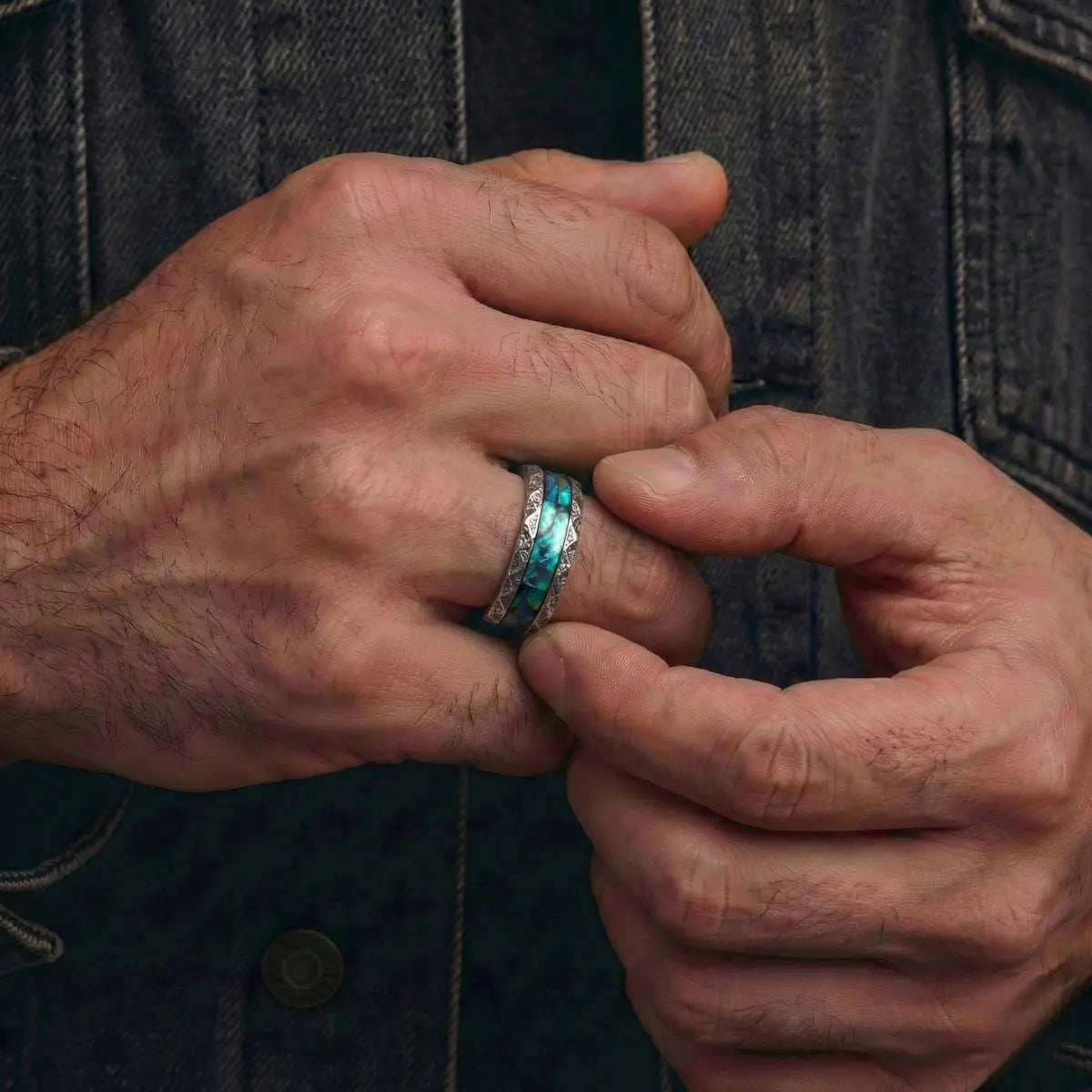 Men’s Vintage Textured Silver Abalone Ring Worn by Male Model