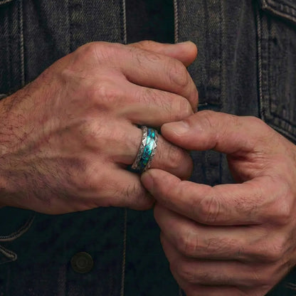 Men’s Vintage Textured Silver Abalone Ring Worn by Male Model