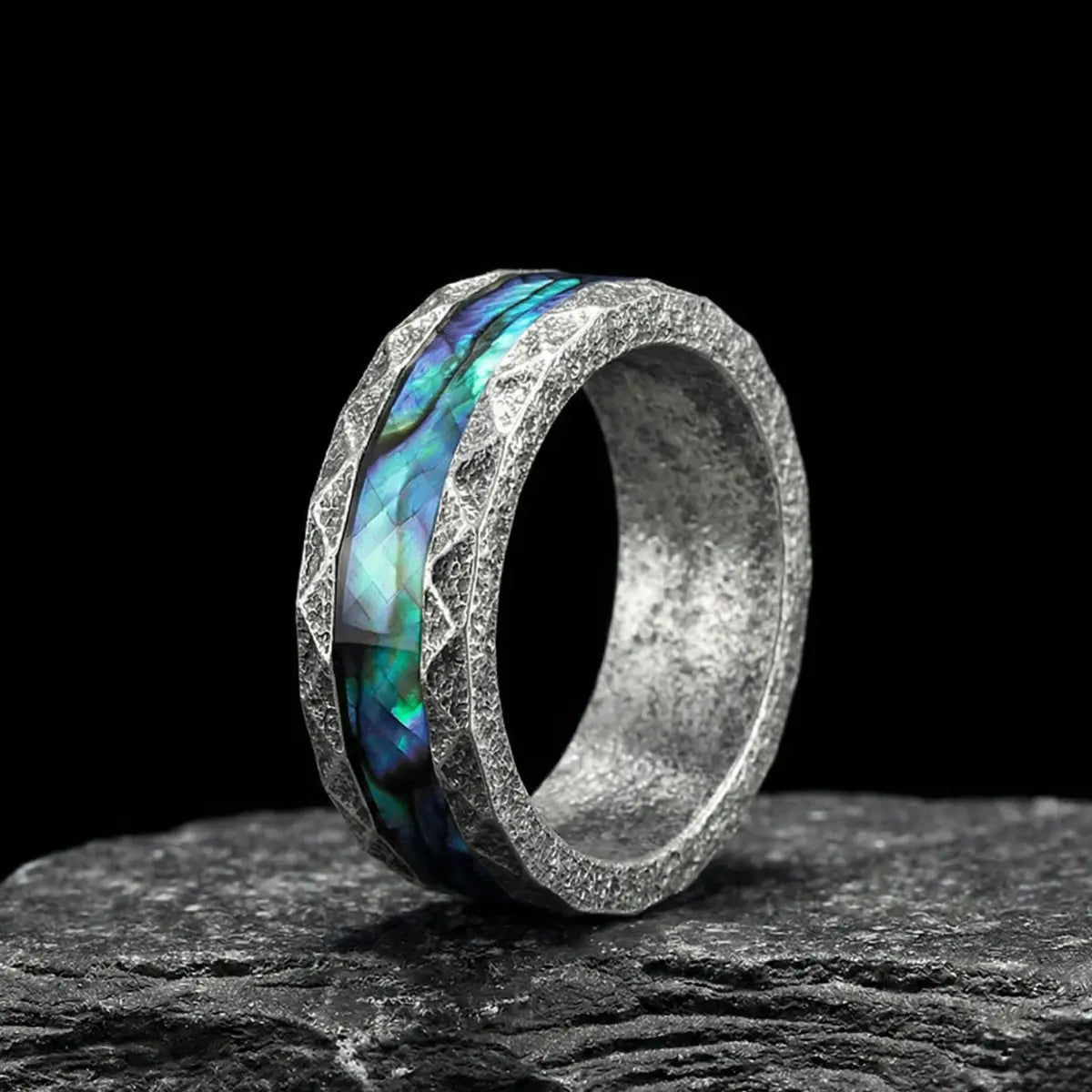 Men’s Vintage Textured Silver Abalone Ring