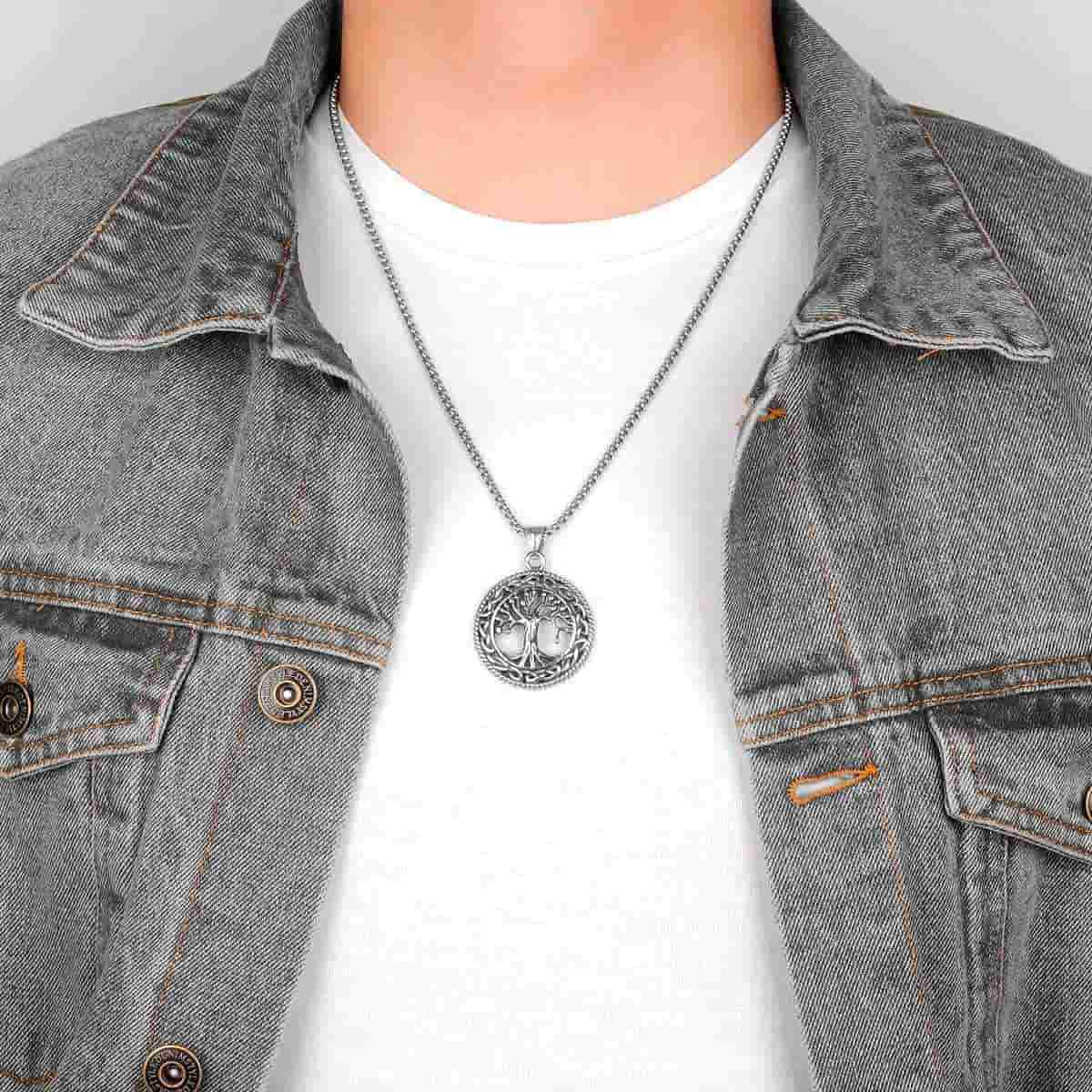 Mens Yggdrasil Necklace with Braided Worn by Model Xenos Jewelry