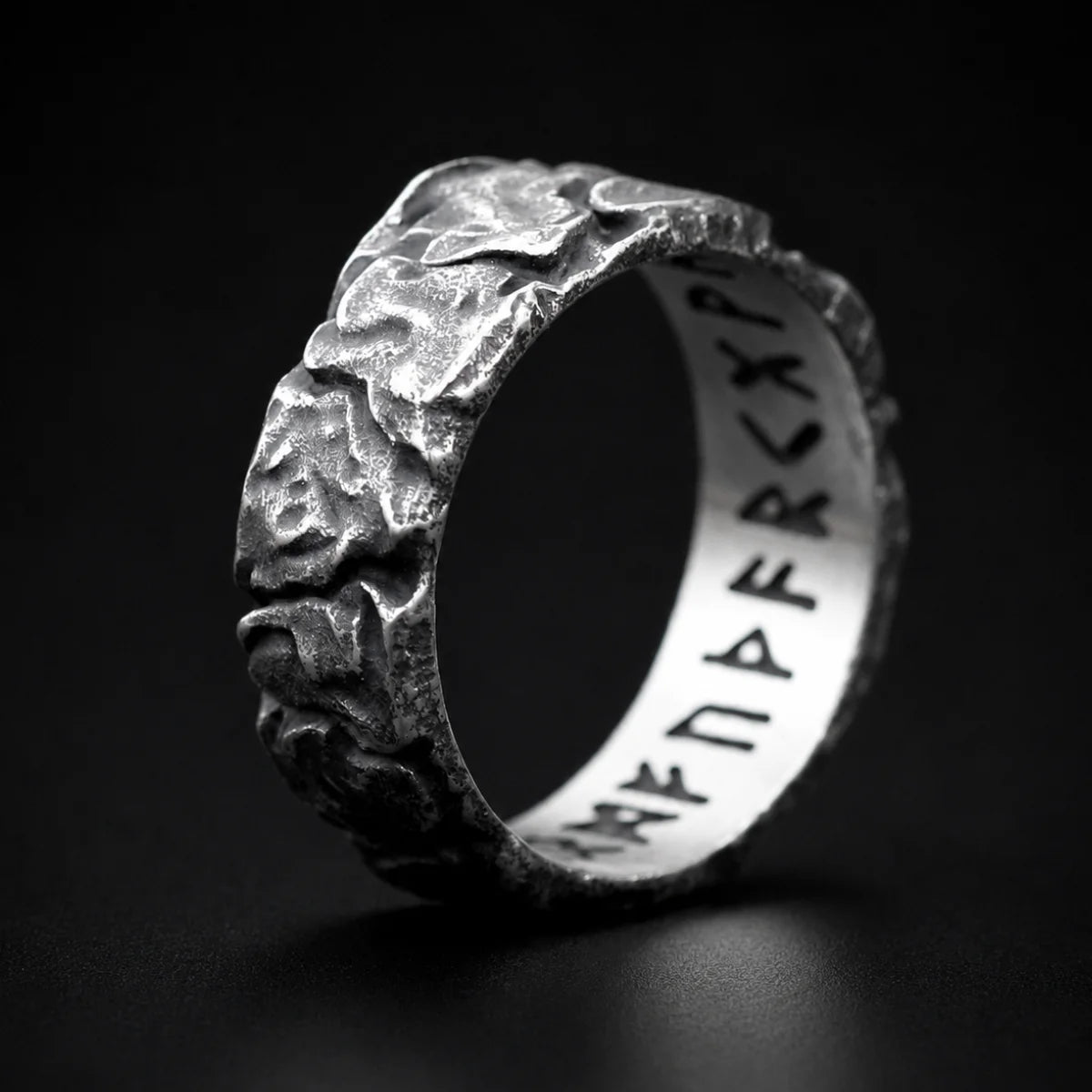 Meteorite Rune Viking Ring Silver Close Up Showing Engraved Inner Band Black Background