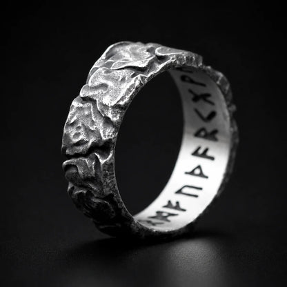 Meteorite Rune Viking Ring Silver Close Up Showing Engraved Inner Band Black Background
