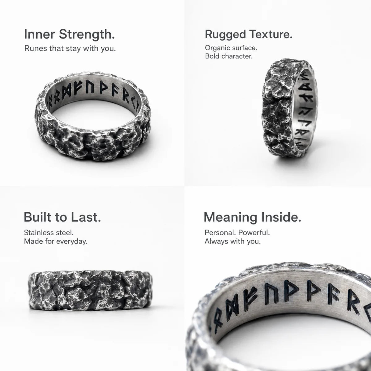 Meteorite Rune Viking Ring Silver Details and Features Infographic