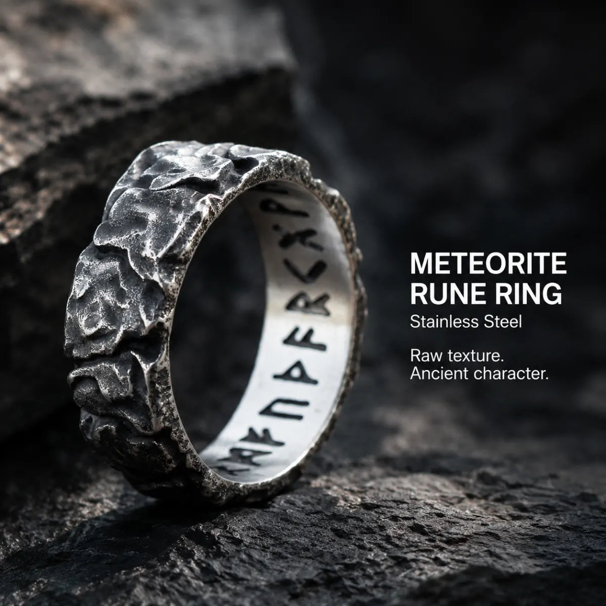 Meteorite Rune Viking Ring Silver Displayed on Stone Surface