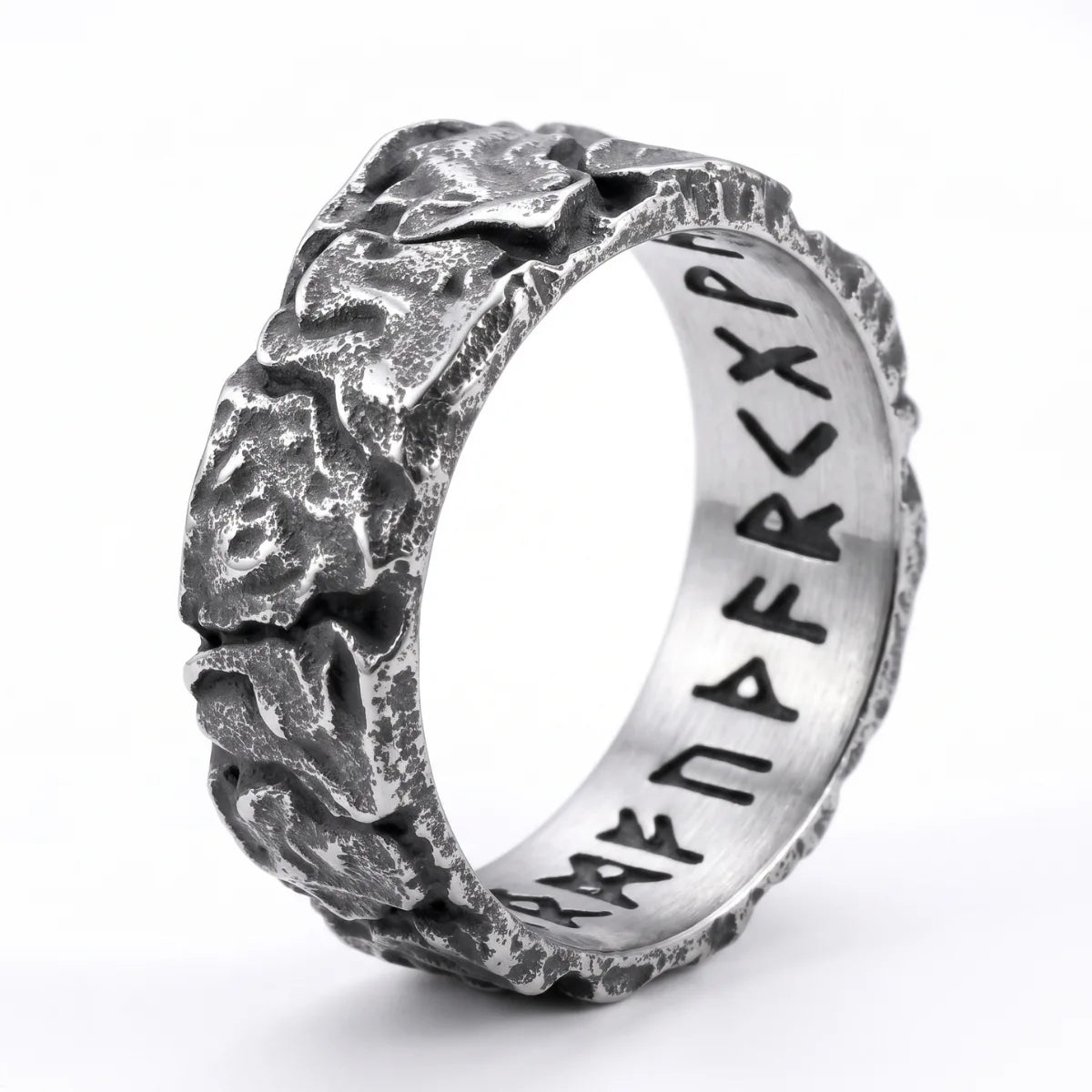 Meteorite Rune Viking Ring Silver Front View White Background