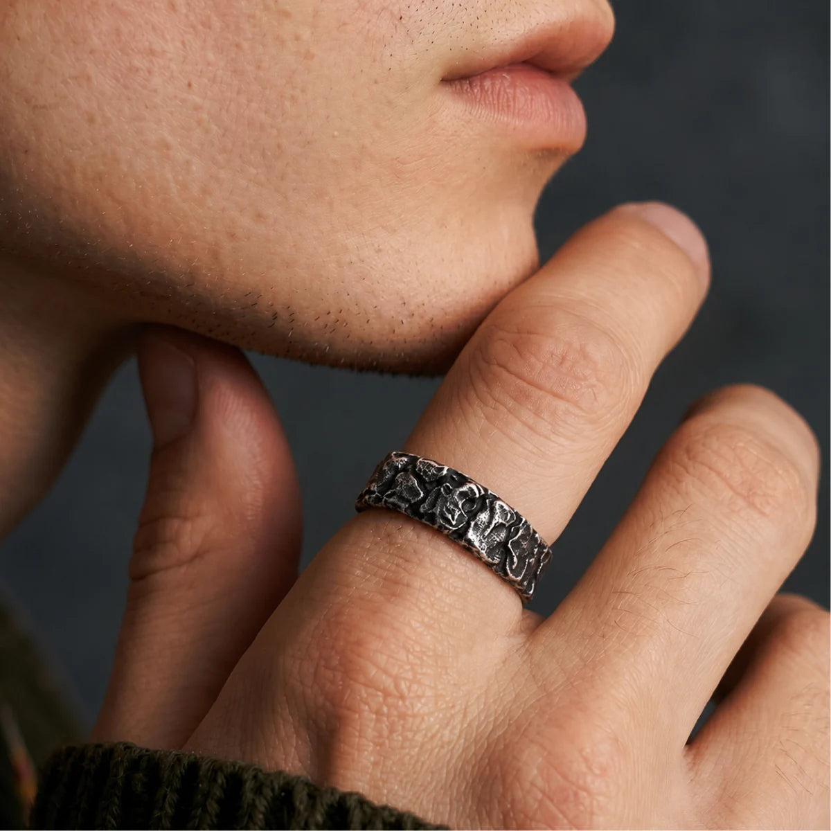 Meteorite Rune Viking Ring Silver Worn on Hand Close Up Male Model