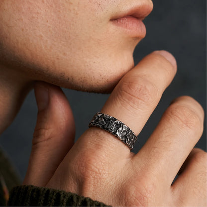 Meteorite Rune Viking Ring Silver Worn on Hand Close Up Male Model
