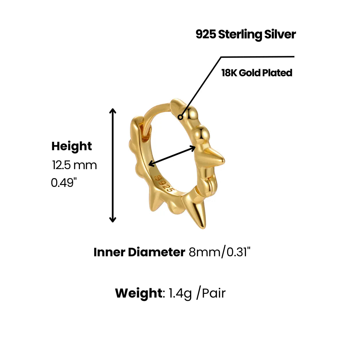 Mini Spike Huggie Hoop Earrings Dimensions and Weight