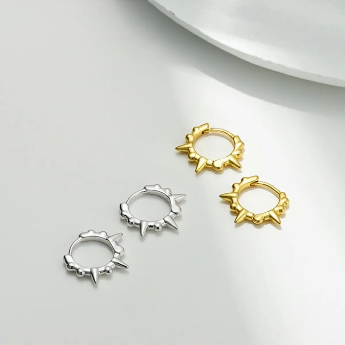 Mini Spike Huggie Hoop Earrings White Gold and Gold Details